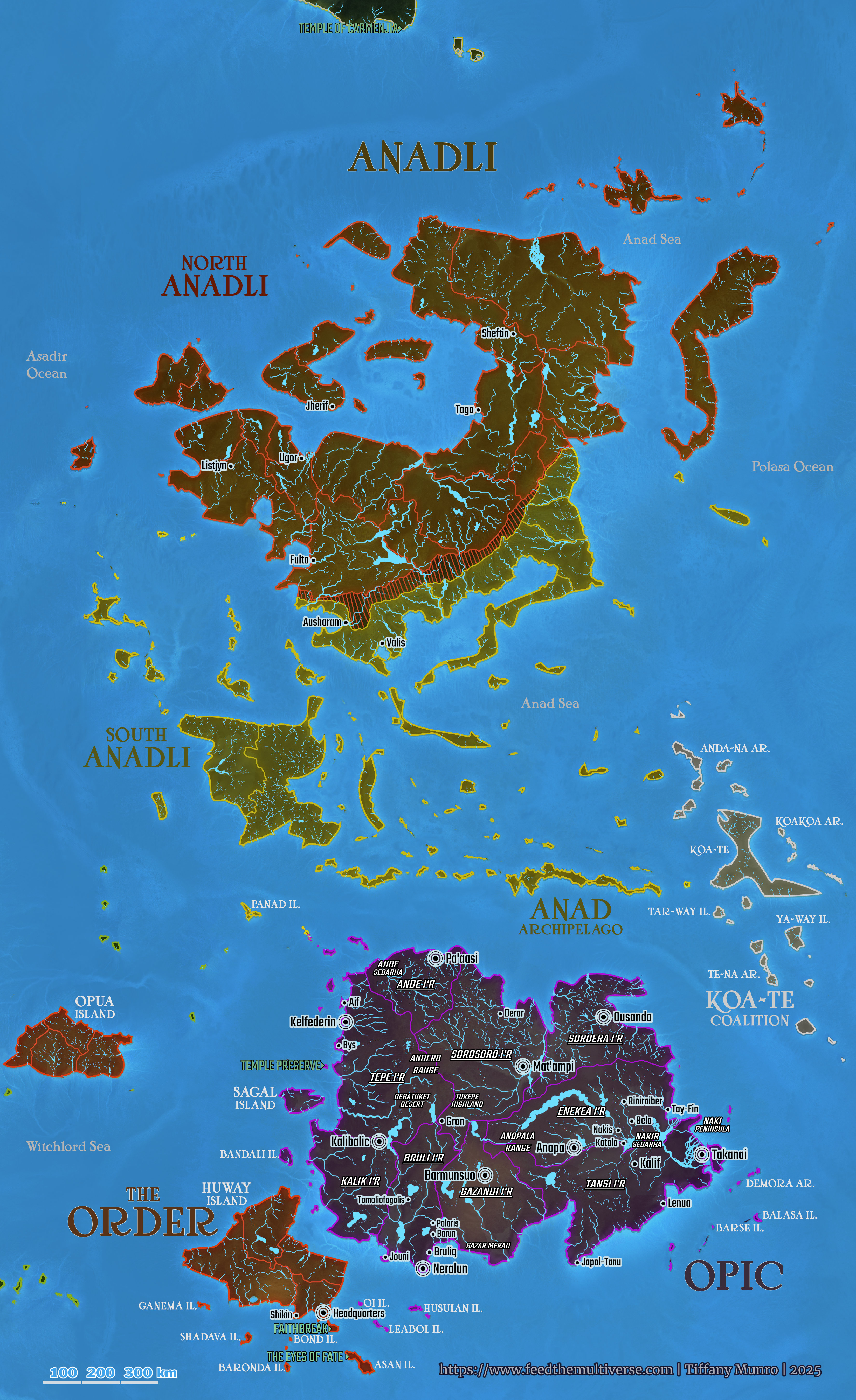 Colour map of Opic and Anad showing islands, watersheds, political boundaries and labeled regions in blue surrounding water.