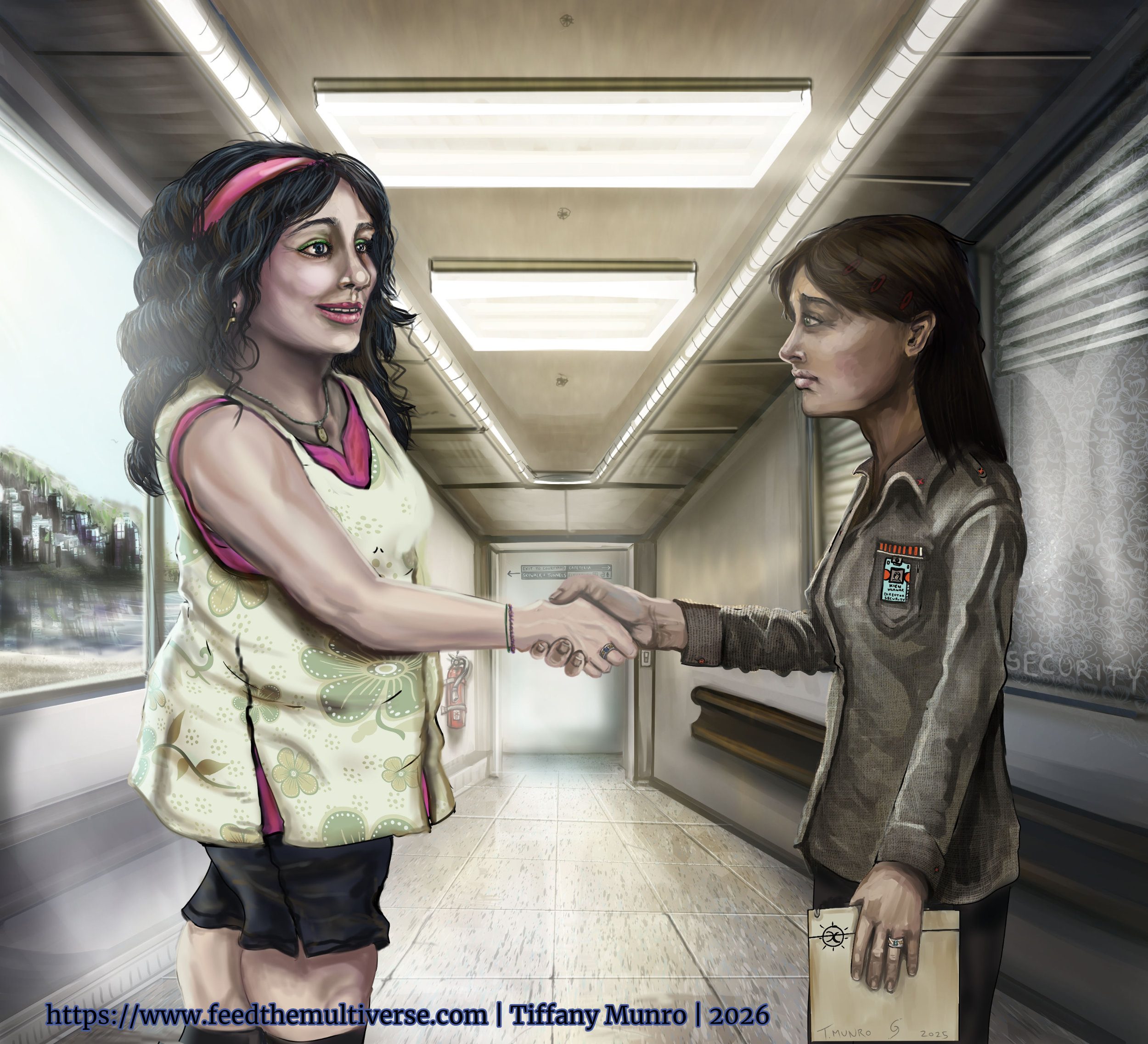 Colour character illustration of Kien and Thiela shaking hands in a bright corridor in the Carmen setting.