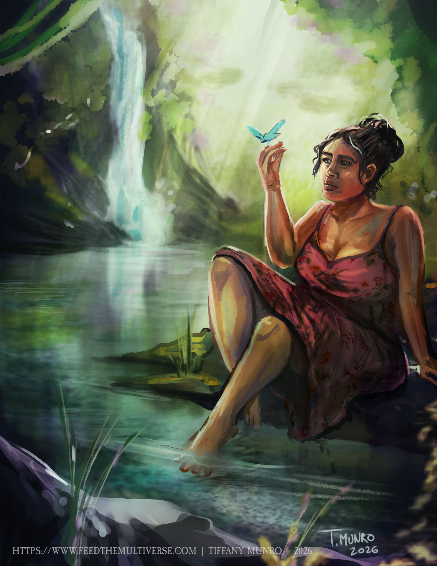 Colour illustration from Carmen of a seated figure beside the Nakir River, with a waterfall and forested landscape.