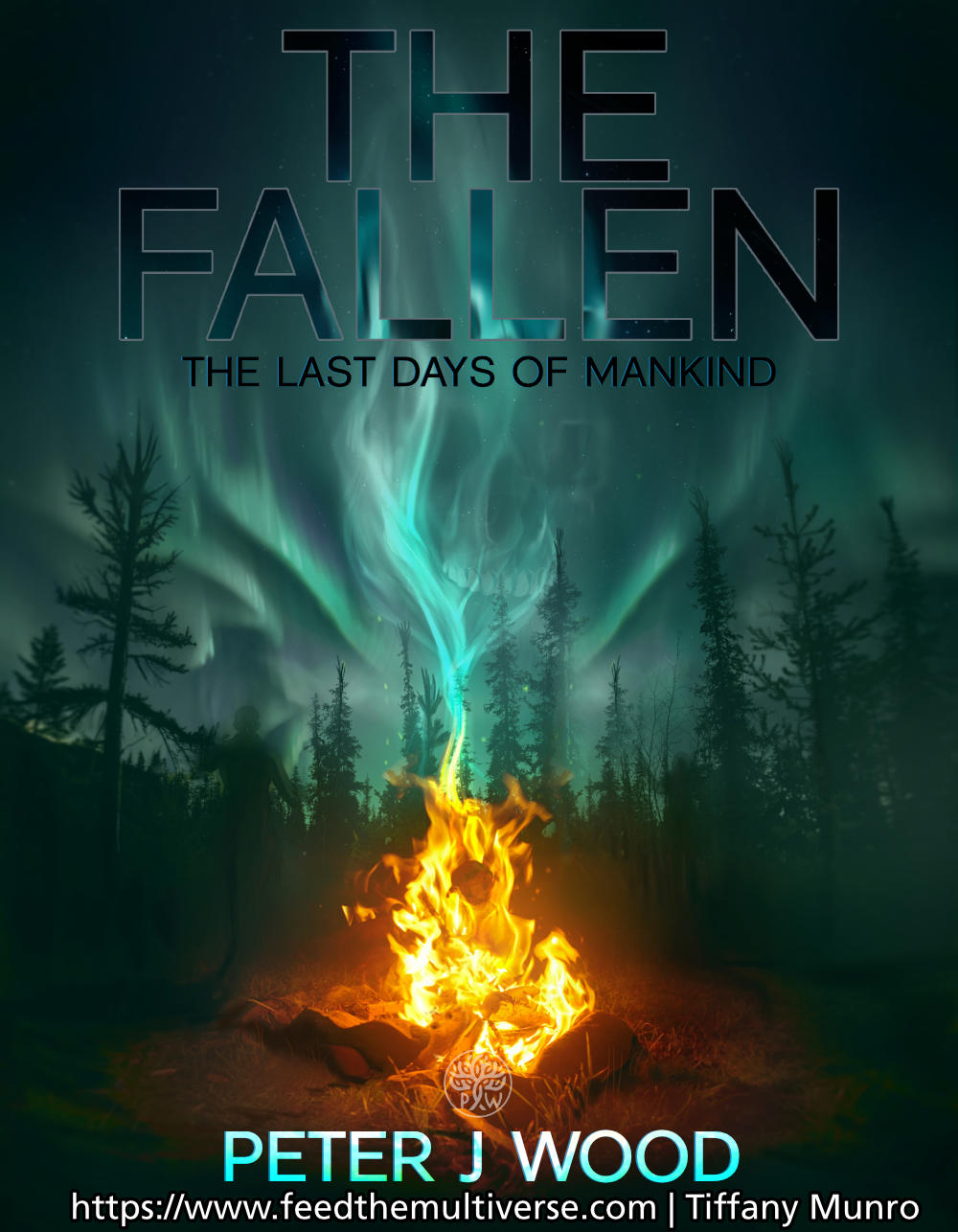 Cover design for The Fallen by Peter J. Wood, with pale title lettering over a dark wilderness scene and ominous atmospheric details.
