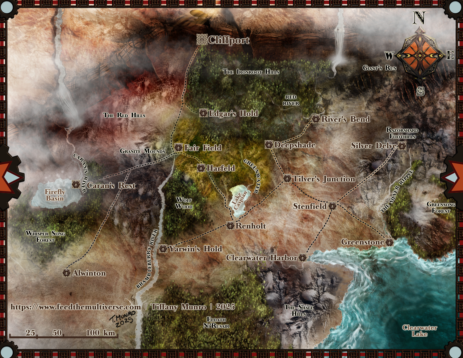 Fantasy regional map with dense terrain, roads, waterways, settlements and hand-drawn geographic detail.
