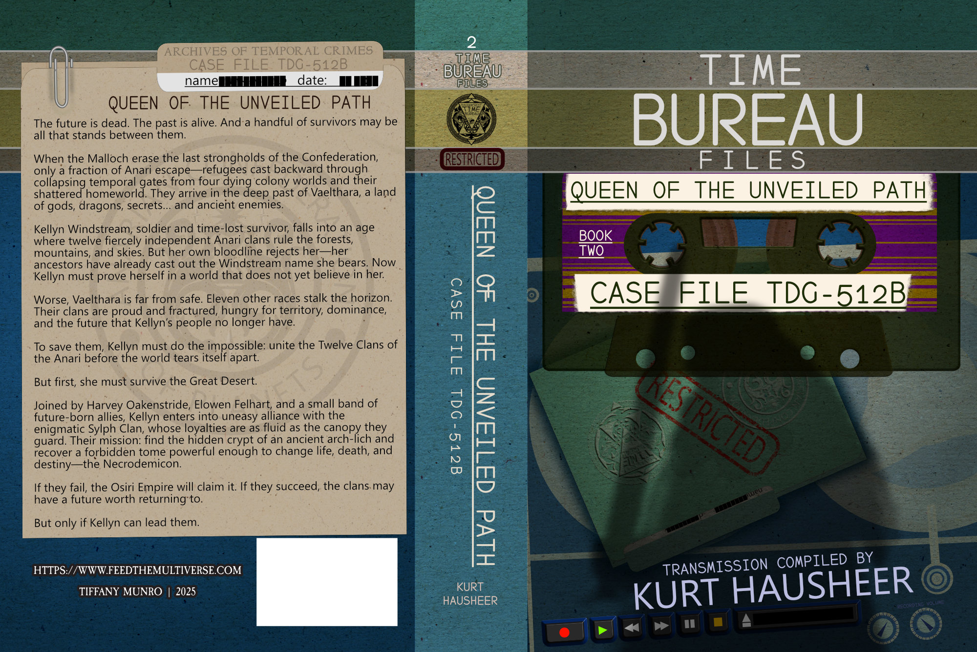 Case-file style cover for The Queen of the Unveiled Path by Kurt Hausheer, with teal dossier papers, evidence objects and restricted markings.