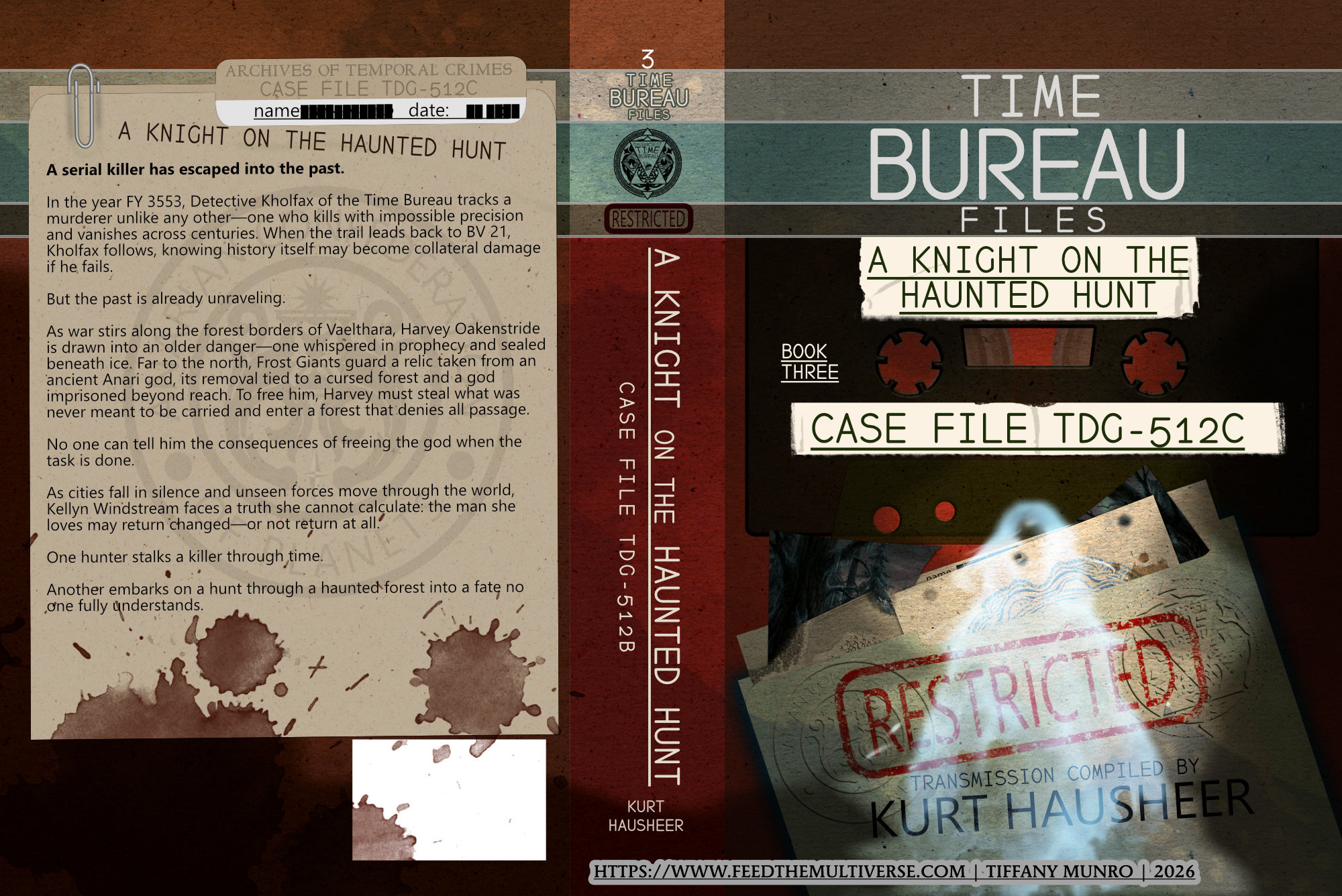 Case-file style cover for A Knight on the Haunted Hunt by Kurt Hausheer, with brown dossier papers, photographs and restricted markings.