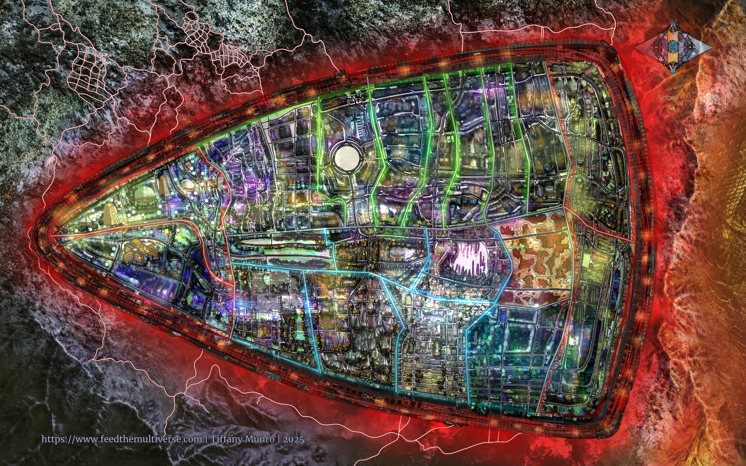 Unlabelled science-fiction megacity map of the Nexus with dense roads, city blocks, walls and vivid surrounding terrain.