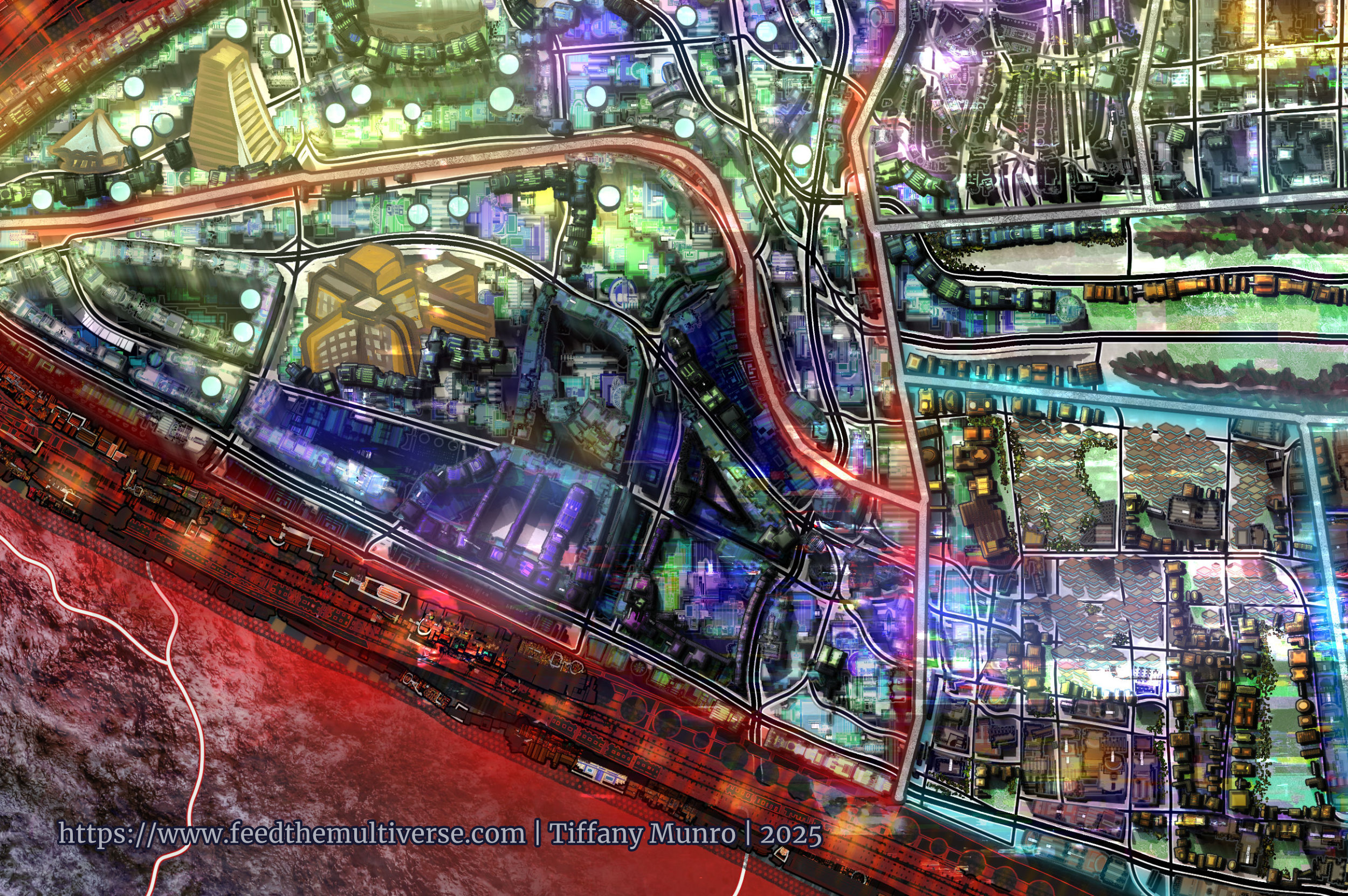 Close-up of the Nexus megacity map showing layered roads, dense blocks, transport routes and illuminated structures.